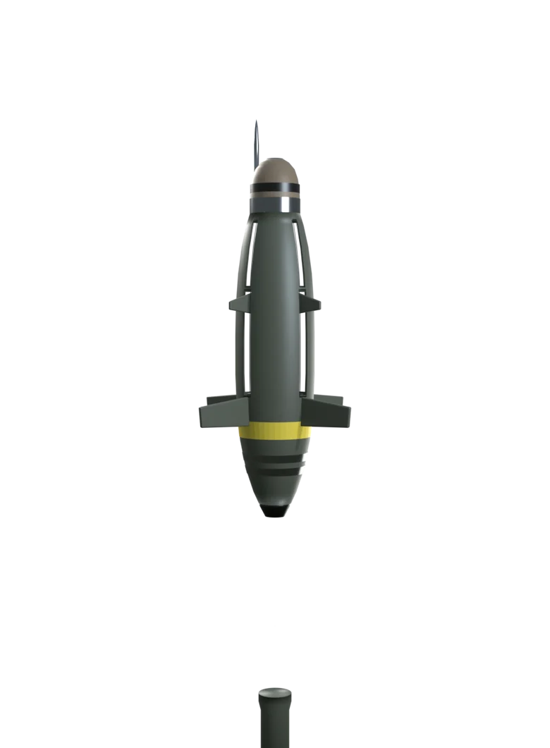 DAVID in flight configuration: wrap fins deployed amidships, canards forward, the launch boom shed.