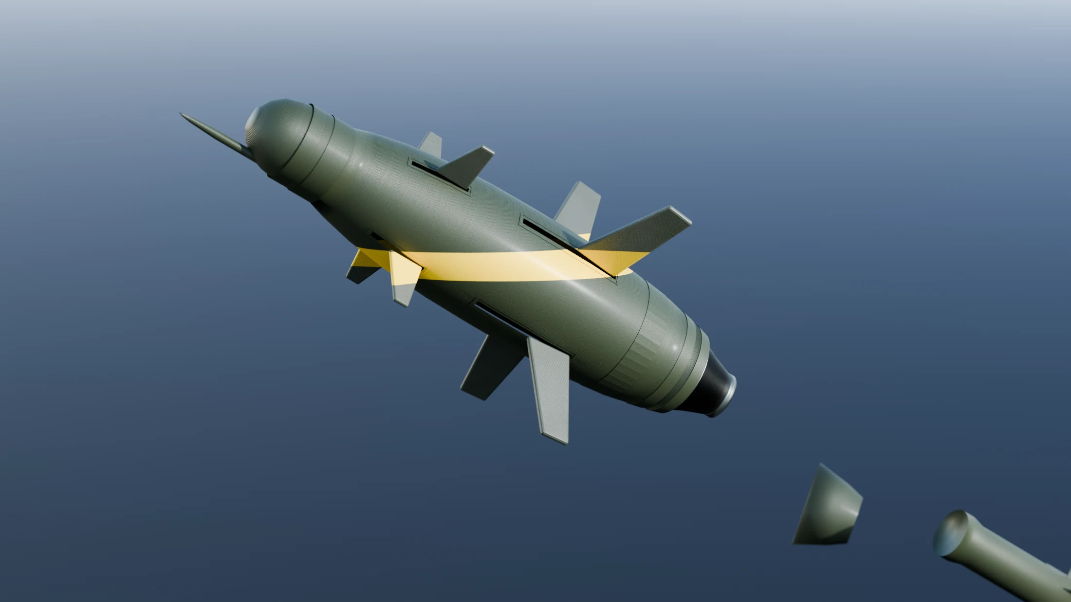 DAVID deploying against a dusk sky: the launch boom separating, fins and canards unfolding, the yellow high explosive band lit.