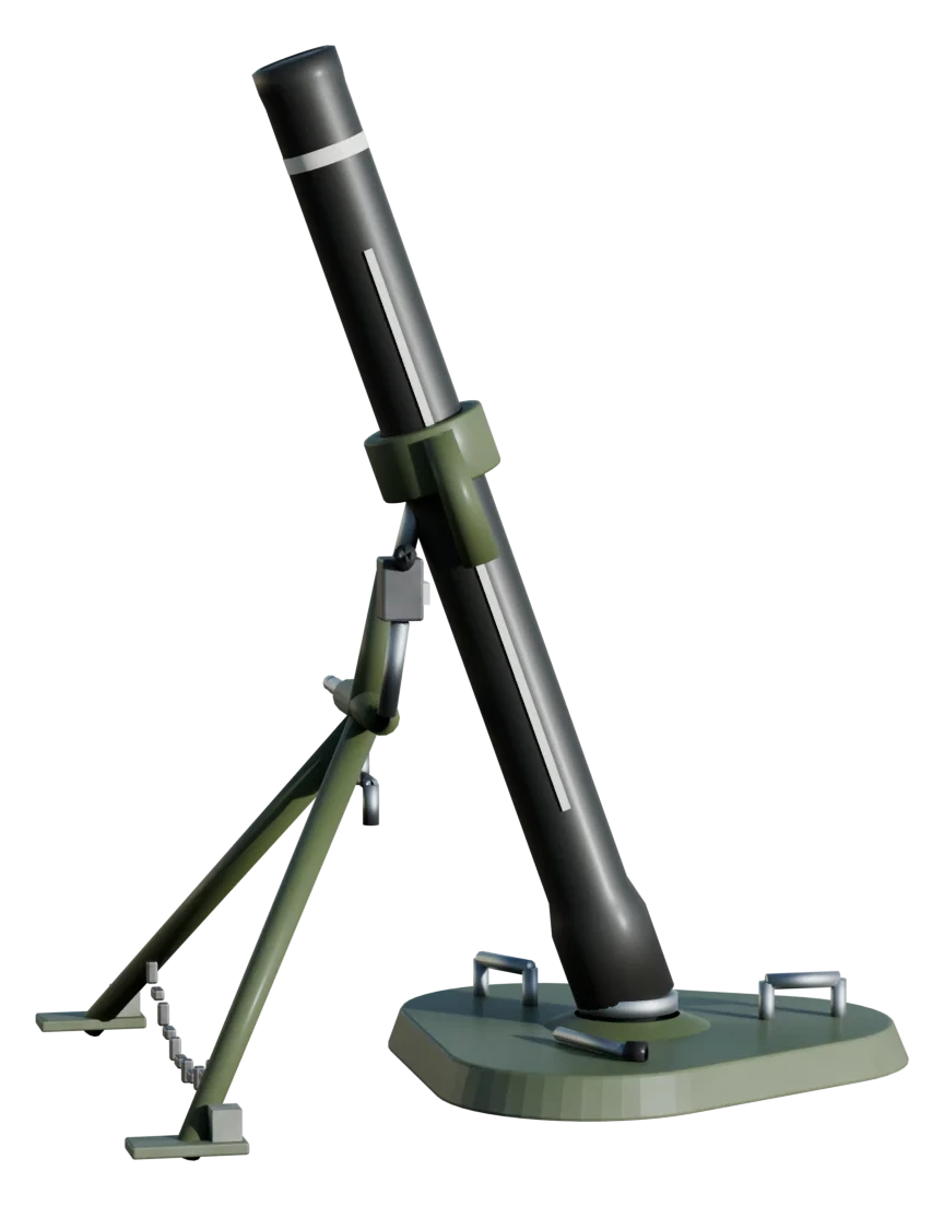 An M120 120mm mortar emplaced and ready to fire: the black steel M298 tube standing at about seventy degrees with its white alignment stripe, the olive drab M190 bipod spread beneath it with the sight on the left and a chain slung between the legs, all seated on the rounded triangular M9 baseplate.