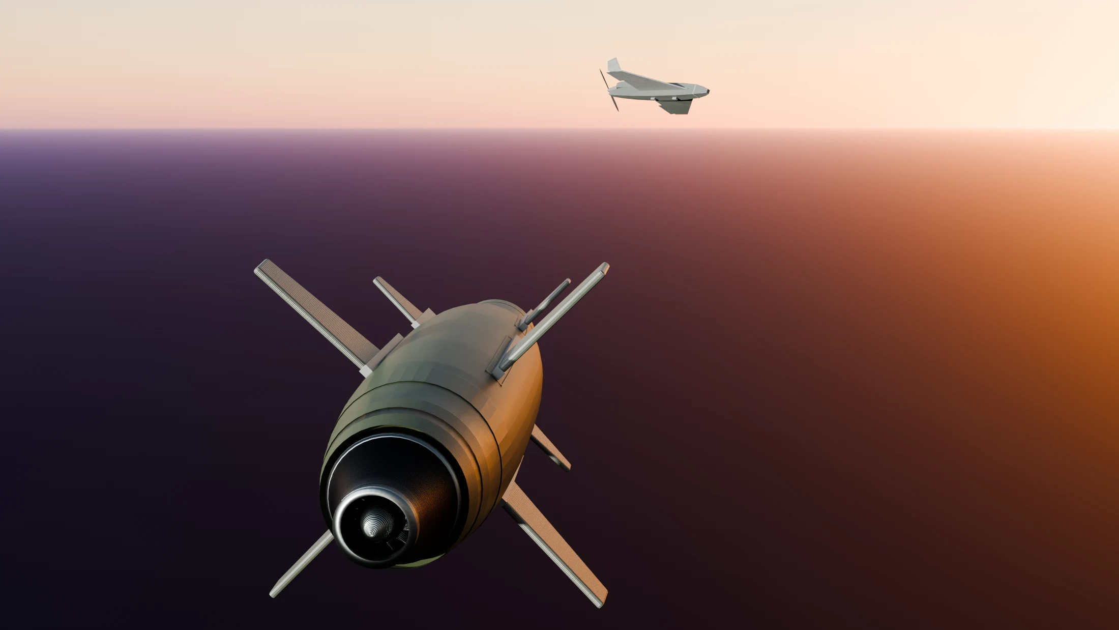 DAVID in flight, seen from behind and above: the turbine and its exhaust ring fill the near frame, fins and canards deployed, and a Shahed type attack drone is ahead of it in the distance, banking across the round’s line of flight.