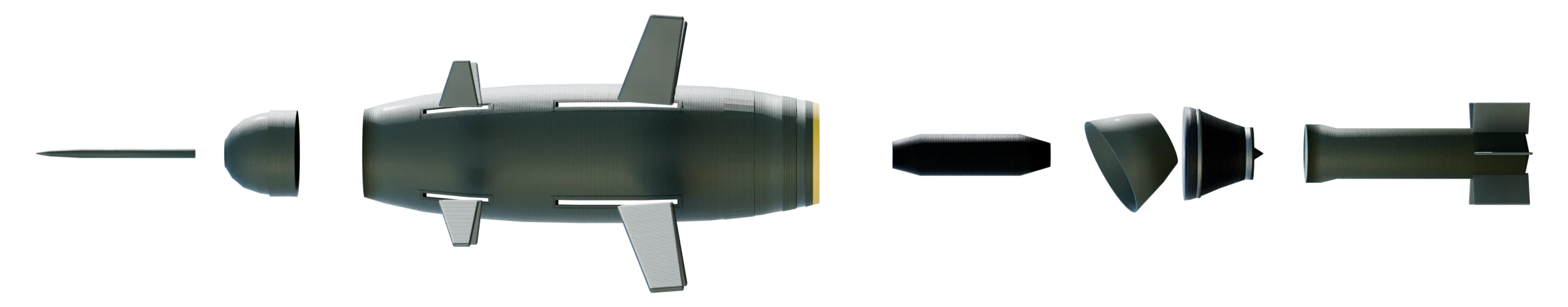 DAVID drawn as a specification plate: the round laid out horizontally with its parts separated along one axis. Left to right, the probe antenna and radome ahead of the hull, the hull with its canards and fins lifted clear of it, then the engine, the exhaust fairing and the launch boom drawn off the tail.