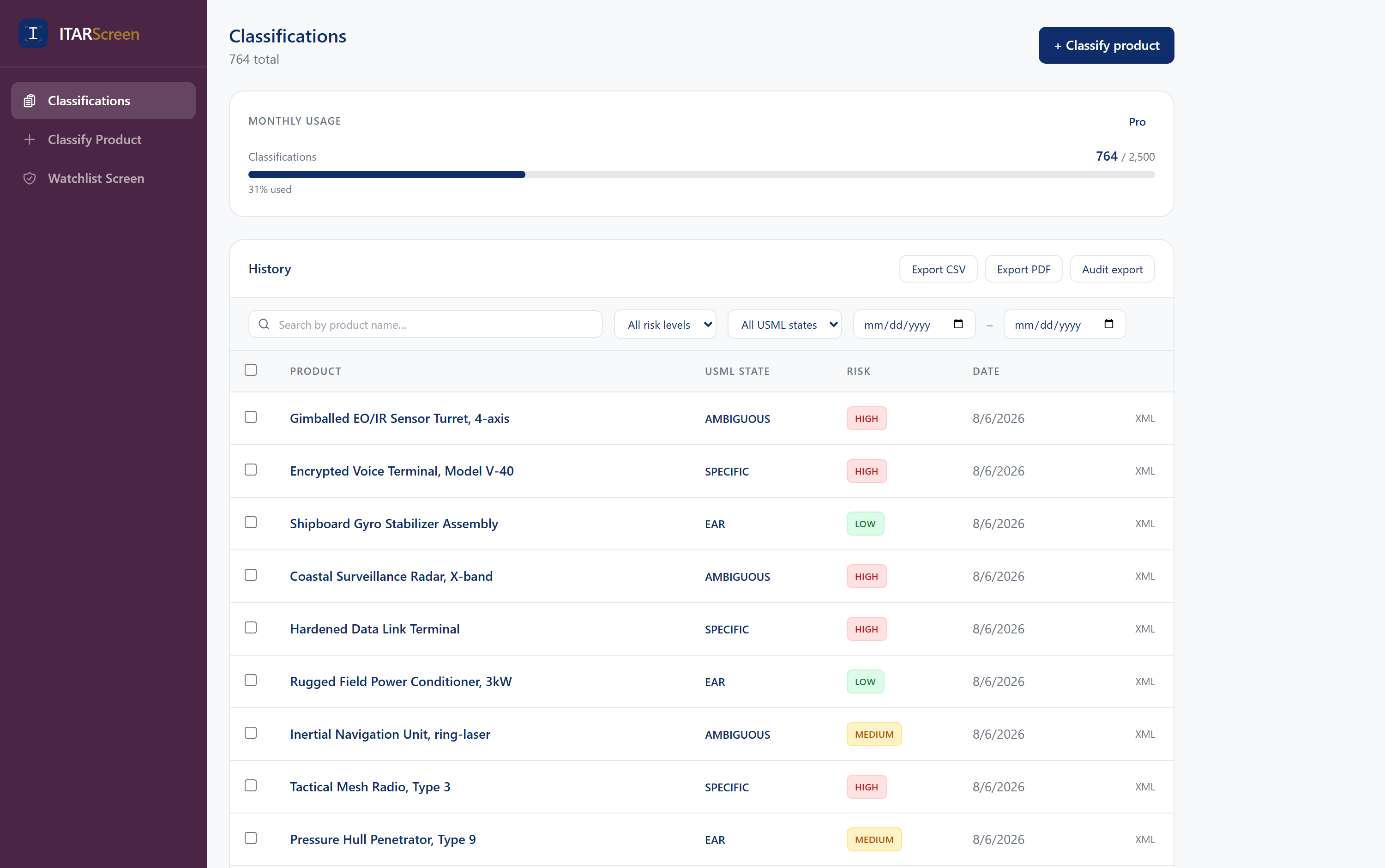 Classification history with usage meter, export controls, and a table of past runs
